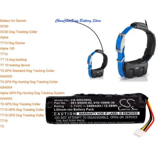Cameron Sino 3400mAh Battery 361-00029-02 for Garmin Alpha 100, DC50, GAA002, GAA003, GAA004, T5, TT10, TT10 Dog Device, TT15