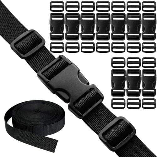 Buckles Straps Set,10 pcs Quick Side Release Plastic Buckle + 12 Yard Nylon Webbing Strap + 20 pcs Tri-Glides Slide