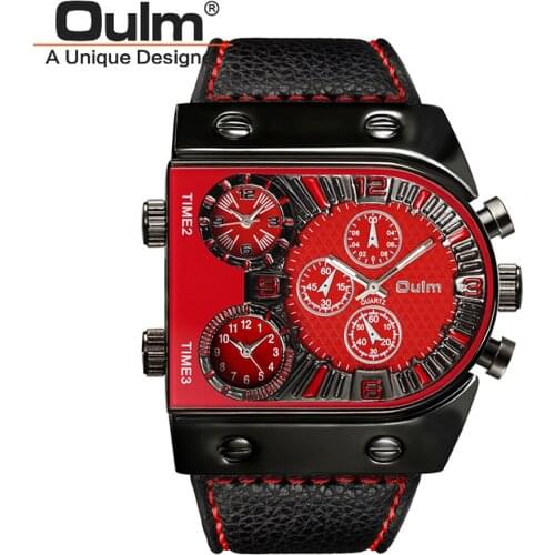 OULM Brand Original Fashion Sport Mens Watches 3 Time Zone Leather Strap Casual Quartz Watch Relogio Masculino Marca Esportivo