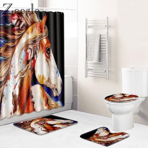 Pony Printed Home Decor Bath Mat and Waterproof Shower Curtain Set Bathroom Carpet Rug Memory Foam Toilet Mat U-Shaped Rug