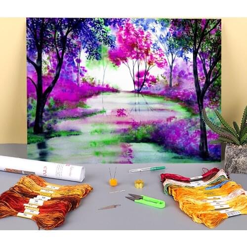 Natural Scenery Meditation Printed Fabric 11CT Cross Stitch Embroidery Kit DMC Threads Handmade Handicraft Painting Magic
