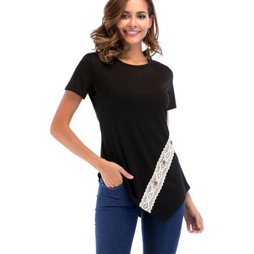 European and American Foreign Trade Explosions Solid Color Round Neck Short-sleeved Irregular Lace Stitching Slim T-shirt