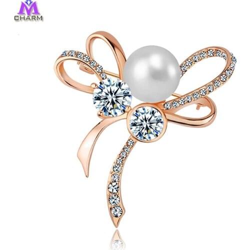 Classic Design!Real Gold Plated Made With CZ Zircon Stones And Big Simulated-pearl Fairy Brooch For Women And Girl