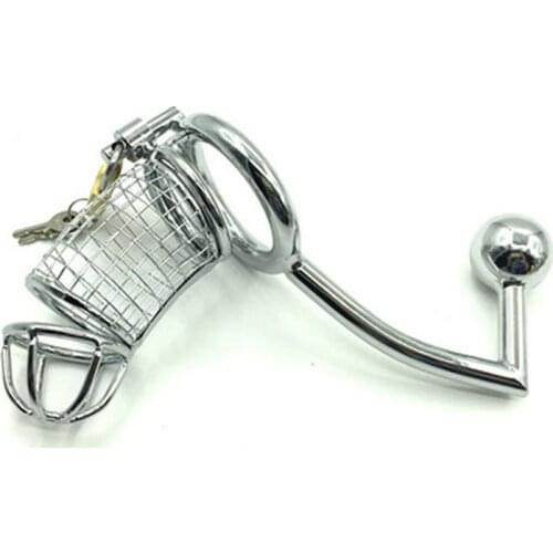 Male Stainless Steel Cock Cage With Ball Type Anal Hook Penis Ring Chastity Device Bondage Belt Fetish Adult Sex Toys