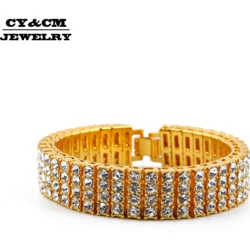 CY&CM 15mm Men Black Gold Silver Color 4 Row Crystal Bangle Bracelet 8" Rhinestone Iced Out Hip Hop Bling Bracelet Cool Jewelry