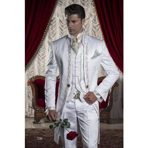 2017 Latest Coat Pant Design Italian White Satin Embroidery Men Suit Tuxedo Slim Fit 3 Piece Custom Groom Prom Blazer Masculino