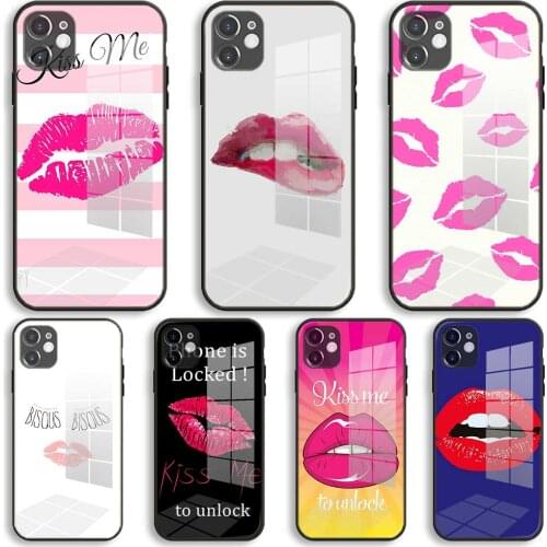 Neon lips Soft Glass Silicone Case For iPhone 12 11 Pro X XS Max XR 8 7 6 Plus SE 2020 S Mini Balck Cover