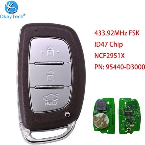 OkeyTech PN: 95440-D3000 Keyless Smart Remote Car Key Fob With Emergency Key For Hyundai 433.92MHz FSK ID47 HITAG 3 NCF2951X