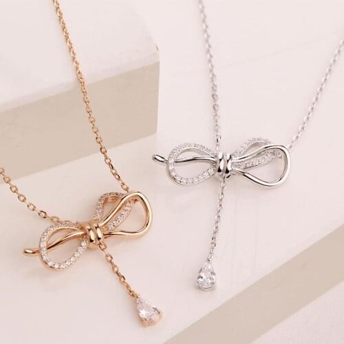 Necklace For Women Chains Sterling Zircon Undefined Pendant Real Silver 925 Jewelry Fashion Goth Bowknot Rose Gold 14k Necklace
