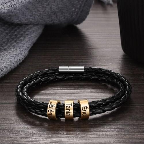 Personalized Golden Stainless Steel Beads Braided Rope Bracelet for Men Custom Family Names ID Bracelets & Bangles