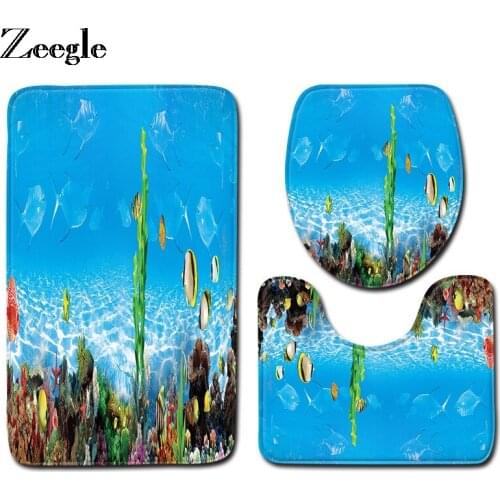 Zeegle Underwater World Bath Mat Toilet Rug Bathroom Carpet Home Floor Mat Absorbent Toilet Rug Shower Room Non-slip Mat