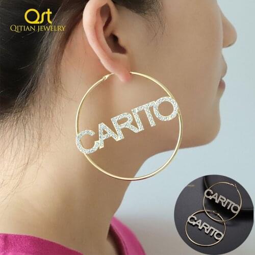 Custom Iced Out Bling Jewelry Personalized Name Large Earrings For Women Hiphop Brincos Stainless Steel Big Circle Round Bijoux