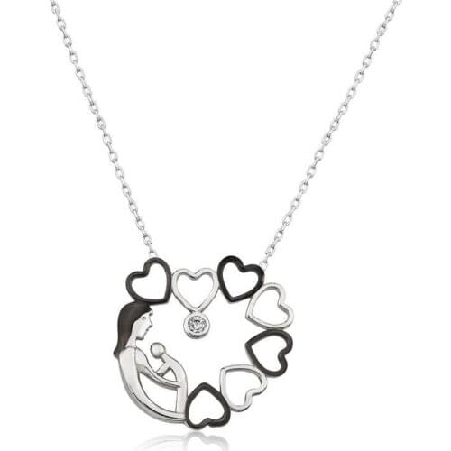 Silver Heart Circle Mother Child Lady Necklace