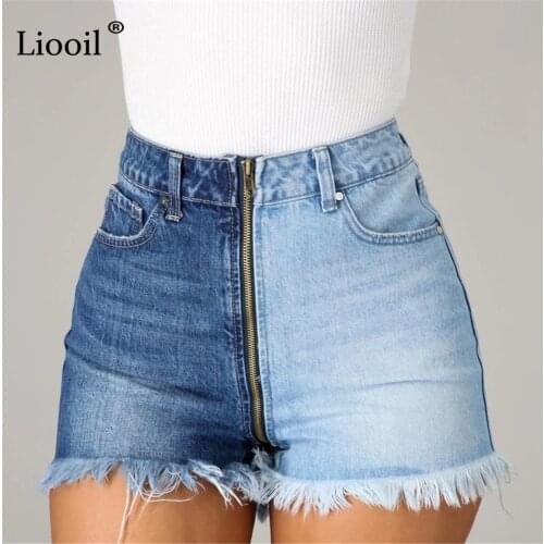 Liooil Color Block Tassel Denim Shorts Women High Waist 2021 Summer Streetwear Pockets Zip Up Patchwork Blue Sexy Jean Shorts