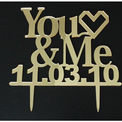 You & Me Wedding Cake Topper Custom Special Words Date Cake Topper with Heart Mirror Gold