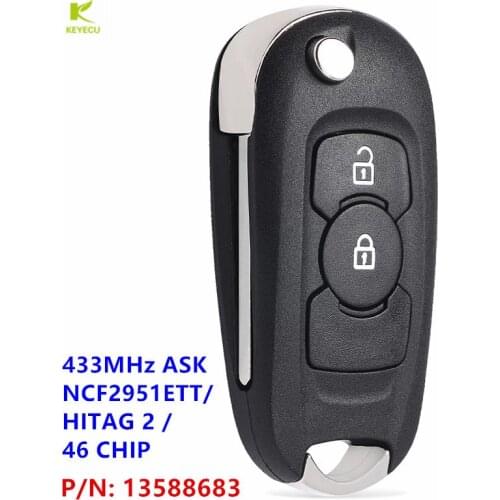KEYECU Replacement Flip Remote Key 2Button 433MHz NCF2951ETT/HITAG 2 /46 CHIP for Opel/Vauxhall Astra K 2015-2019 P/N: 13588683