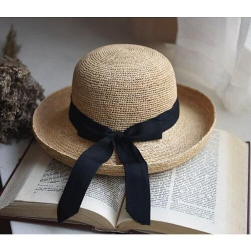 Summer Raffia Straw Bucket Hats For Women Wide Brim Bow Sun Beach Caps Free Shipping SWDS038