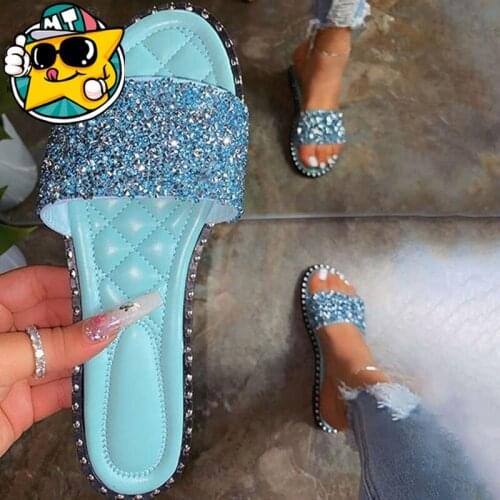 Hot 2020 Womens Summer Slippers Flat Sandals Outdoor Beach Shoes Rhinestones Bling Open Toe Fashion Plus Size 43
