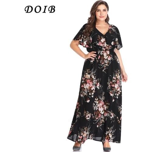 DOIB Plus Size Floral Print Dresses Ruffle Short Sleeve Elastic Waist Long Bohemia Dress XL 2XL 3XL 4XL 5XL