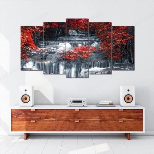 5 Pieces Canvas Wall Art Red Trees Forest Black and White Waterfall Landscape Picture Prints Modern Home Office Wall Decoration