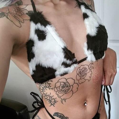 Women Sexy Milk Cow Pattern Bra Bikini Lace Up Triangle Halter Camis Crop Top Club Street Fashion Bralette Corset Bustier Vest