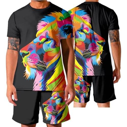 Summer Colorful lion animal Style Mens Casual Comfortable Loose T-Shirt 2021 New T-Shirt Shorts 2-Piece Mens Short-Sleeve Suit