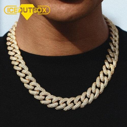 ICEOUTBOX 15mm Heavy Miami Cuban Link Necklace Full Iced Out Choker Chain For Mens Hip Hop Jewelry Rapper Necklaces Dad Gifts
