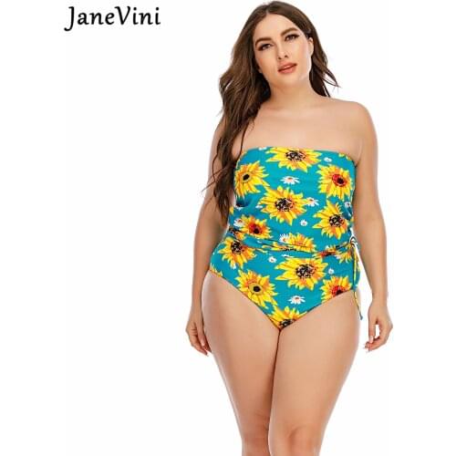 JaneVini Summer Sunbathing Beachwear Sunflower Print Big Woman Swimwear Two Pieces Plus Size Women Swimsuit Tube Top Bikinis Set