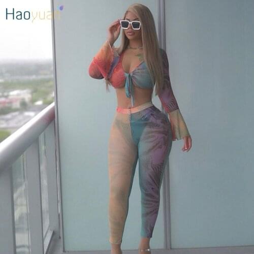 HAOYUAN Mesh Sheer Two Piece Set Bandage Flare Sleeve Crop Top Fitness Pants for Women Summer Sexy Club Outfits Matching Sets
