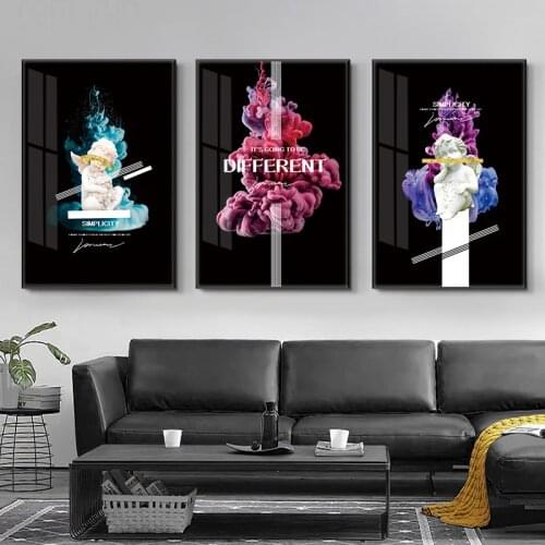 Creative Portrait Art Canvas Paintings Little Angel Statue and Abstract Flower Art Prints On The Wall Pictures Kids Room Decor