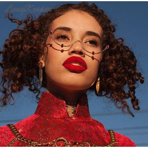 LongKeeper Luxury Design Water Drop Decoration Rhinestone Glasses Frame Women Alloy Diamond Half Frame Wave Eyeglasses