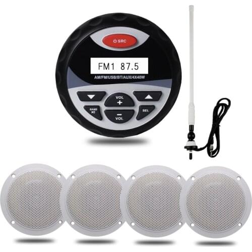 Marine Stereo Boat Audio Bluetooth Radio FM AM USB MP3 Player For Motorcycle Auto ATV UTV 4" Waterproof Speaker Radio Antenna