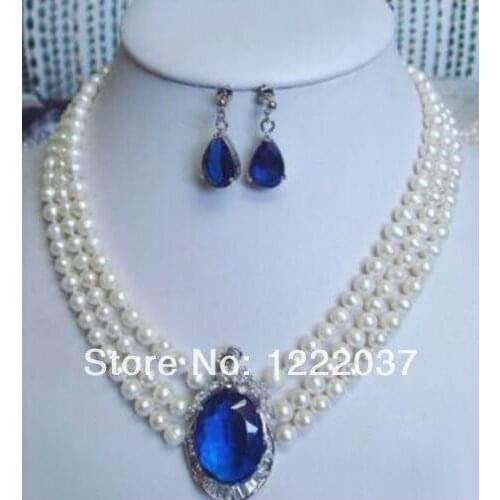 Beauty natural pearls 3 rows white pearl blue Zircon pendant necklace earrings set