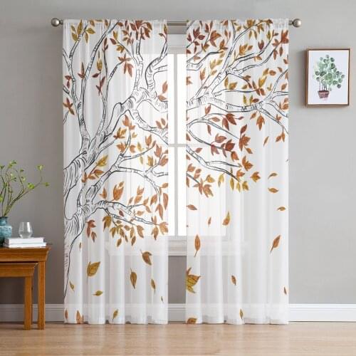 Yellow Leaves Falling In Autumn Tulle Sheer Window Curtains for Living Room Kitchen Children Bedroom Voile Hanging Curtain