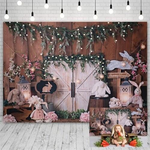 Avezano Easter Photography Backdrop Spring Bunny Flower Green Leaves Wooden Door Kid Background Photo Studio Photozone Photocall