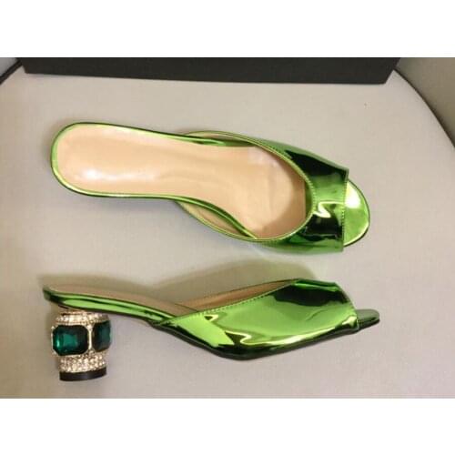 Sexy Summer Slipper 6CM women shoes mirror patent leather Red Silver high slides diamond heel summer slipper shoes