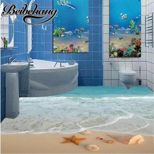 Beibehang Custom 3D Floor painting HD blue shells beach scenery Waterproof Bathroom kitchen balcony PVC Self-adhesive floor