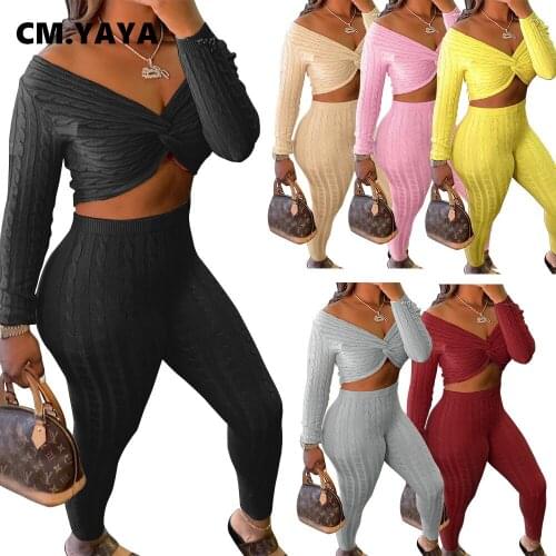 CM.YAYA Streetwear Knitted Womens Set V-neck Sweater Legging Pants Set Ribbed Tracksuit Two Piece Outfit Active Sweatsuit