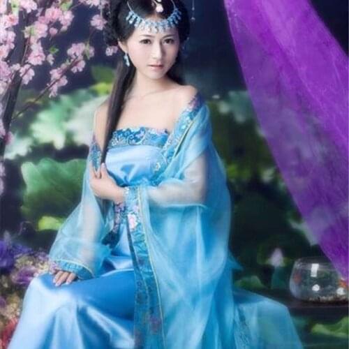 Tang Princess Empress Blue Oriental Chinese Style Ancient Hanfu Traditional Costumes Elegant Fairy Costume Sexy Chinese Lingerie