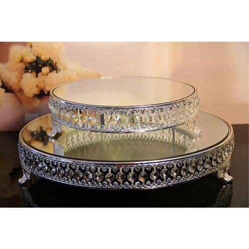 Top Quality Round Shape Silver Plate Metal Acrylic Crystal Strand Glass Mirror Birthday Fruit Cake Stand Wedding Home Decoration