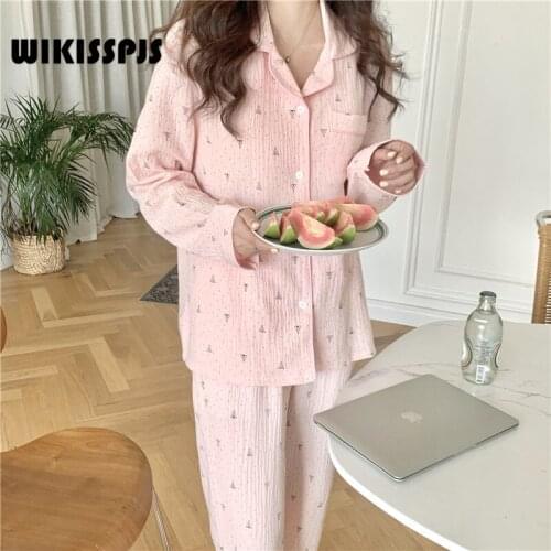 WIKISSPJS 2021 Autumn Winter New Korean Version Simple Cotton Long Sleeve Printed Home Clothes Pajamas Set Women Sleep Wear