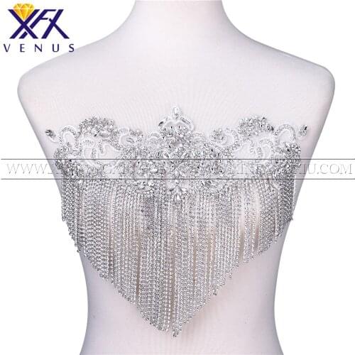 XFX VENUS 1 piece Fashion handmade rhinestone applique trim for bridal wedding belt DIY sewing crystal brilliant Tassel patch