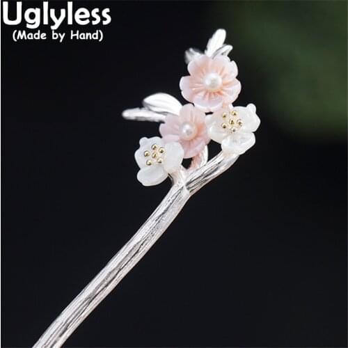 Uglyless Natural Pink Shell Jade Flower Hair Jewelry for Women Elegant Floral Hair Sticks Matte Silver 925 Silver Branch Jewelry
