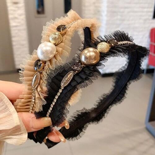 Korea Pearl Rhinestone Elegant Headband Women Fashion All Match Black Khaki Lace Lady Hairband Vintage Crystal Hair Accessories