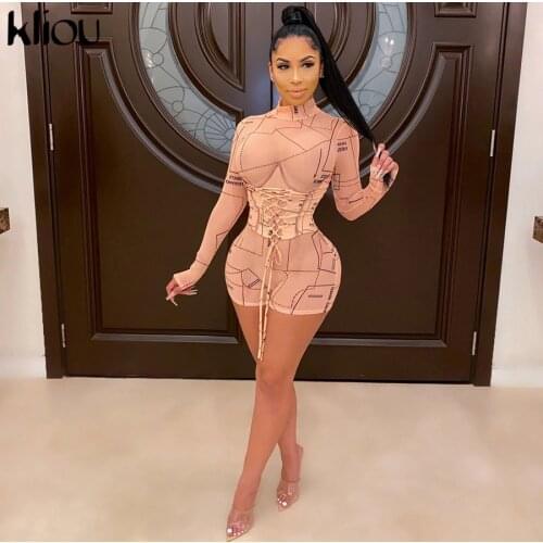 Kliou Letter Print Bandage Bodycon Rompers Women New Fashion Streetwear Shaped Waist Slim Party Clubwear Sexy Playsuits Hot