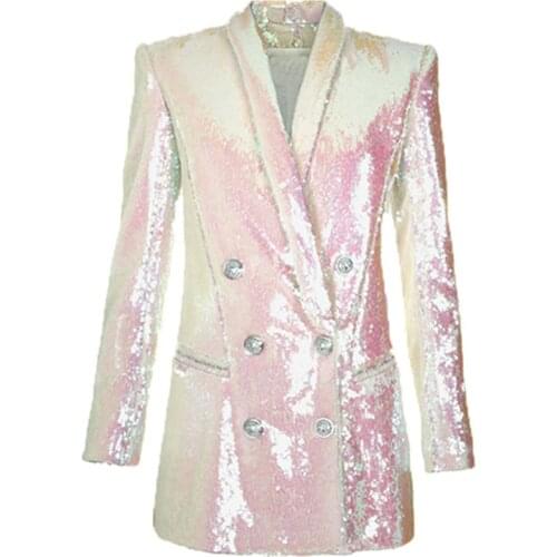 Women Sleeve Sequin Blazer Runway Designer Double Breasted Blazers Elegant Fashion Notched Collar Long Jacket Blaser Femme