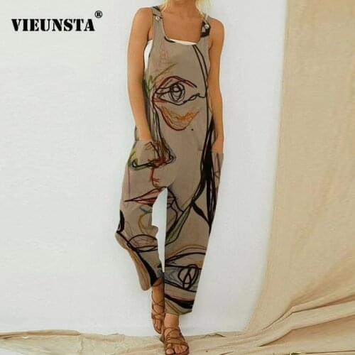 Retro Abstract Pattern Printed Cotton Jumpsuit Women Sleeveless Strappy Bodysuit Romper 2021 Spring Summer Pocket Loose Playsuit