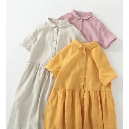 Thin hemp age reducing baby collar short sleeve dress summer new cotton hemp womens commuting shirt collar long dress 237