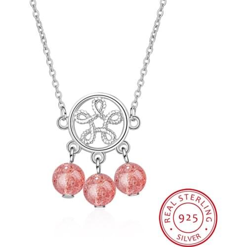 925 Sterling Silver Dreamcatcher Tassels Necklace & Pendant Strawberry Crystal Accessories for Women Sterling Silver Jewelry