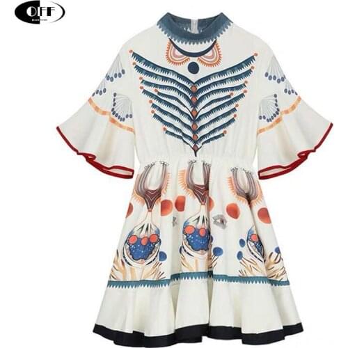 Runway Designer Vintage Starfish Scallop Printed Chiffon Dress Summer Women Flare Sleeve Ruffles Mini Party Fishtail Dresses